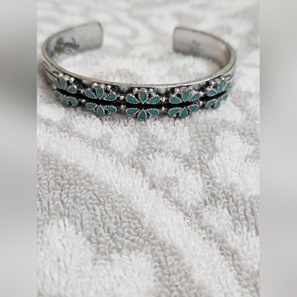 Lucky Brand Silver Cuff Bracelet with green Floral Accents